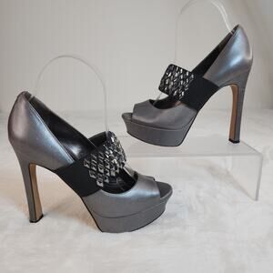 Glam Goth Platform Heels 6.5 Silver Gunmetal Metallic Studded Peep Toe Mary Jane